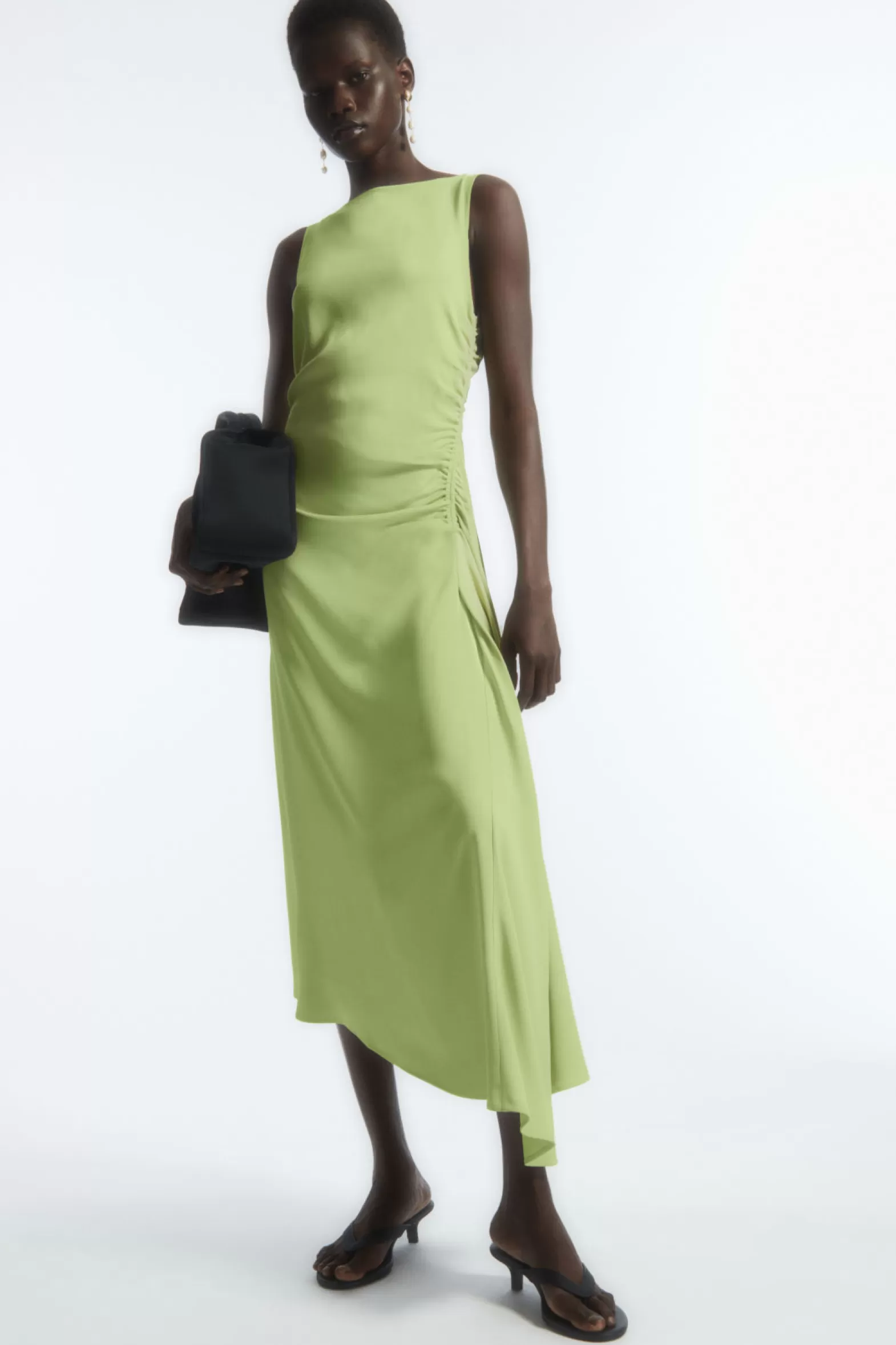 COS ASYMMETRIC GATHERED SATIN MIDI DRESS