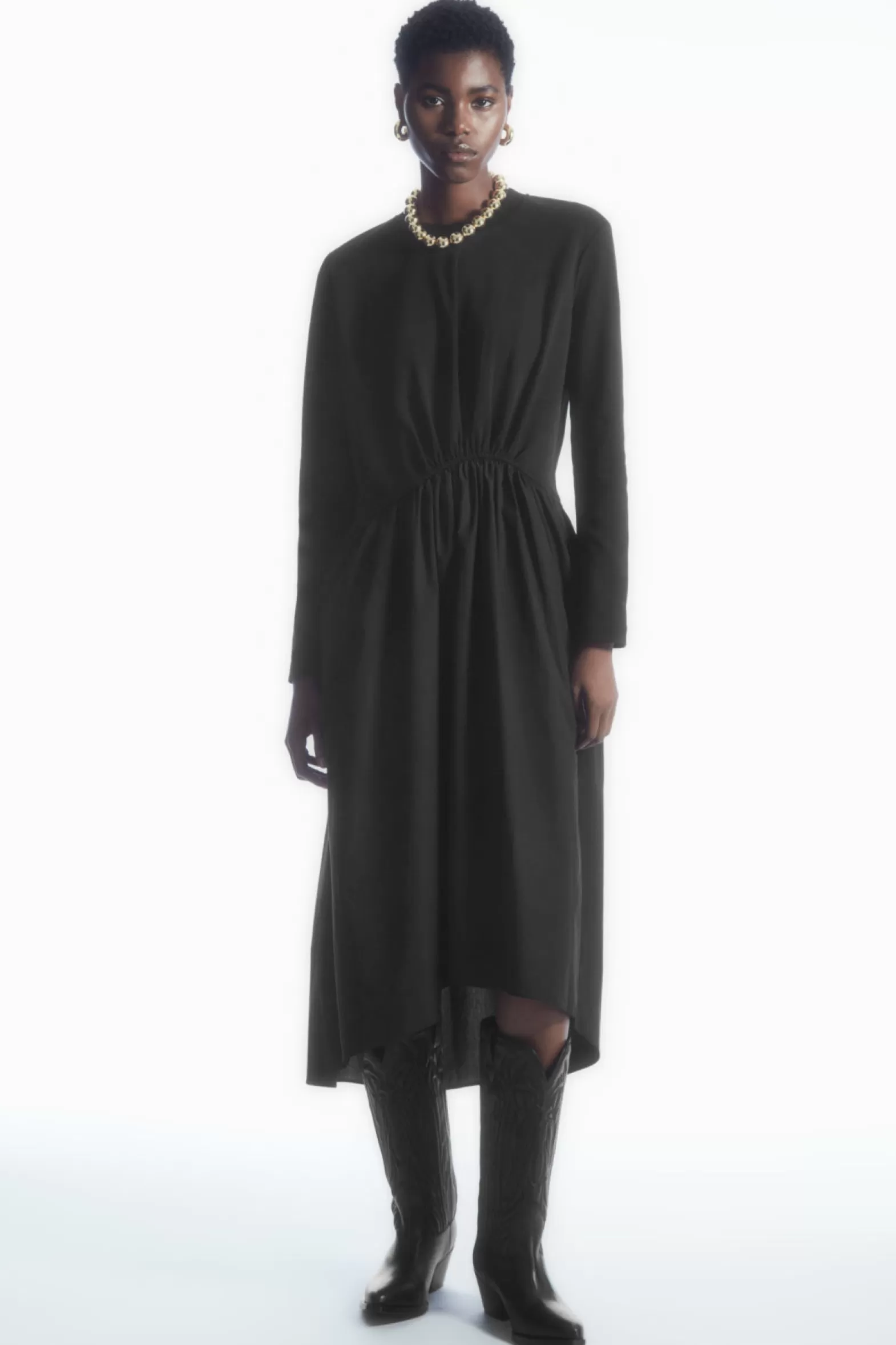 COS ASYMMETRIC GATHERED-WAIST MIDI DRESS