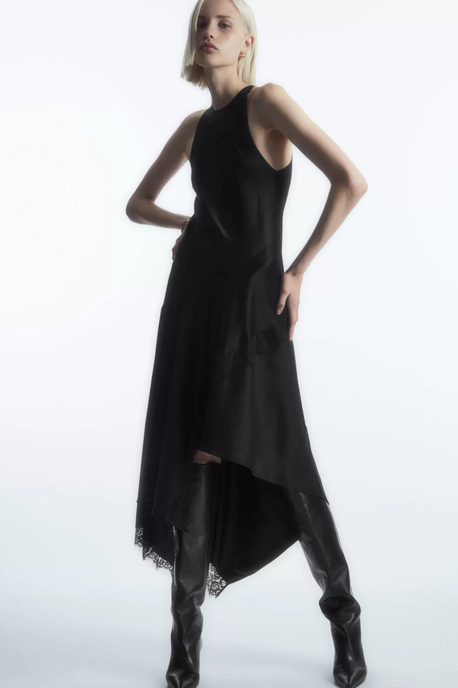 COS ASYMMETRIC LACE-TRIMMED SATIN DRESS