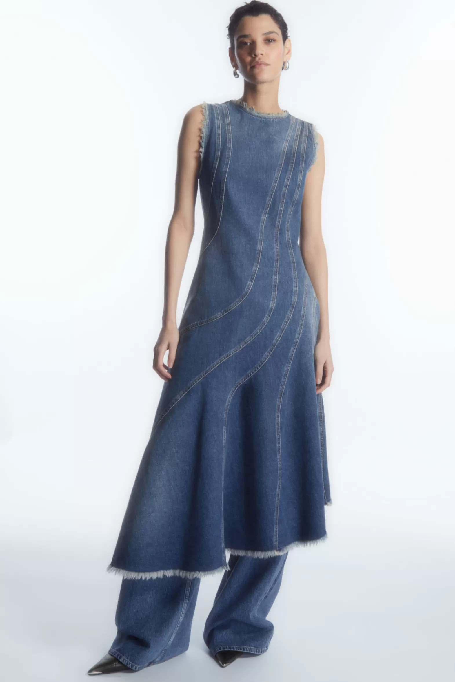 COS ASYMMETRIC PANELLED DENIM MIDI DRESS