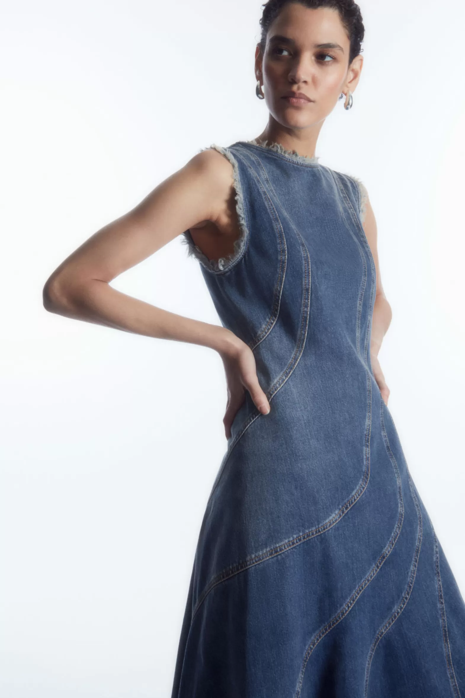 COS ASYMMETRIC PANELLED DENIM MIDI DRESS