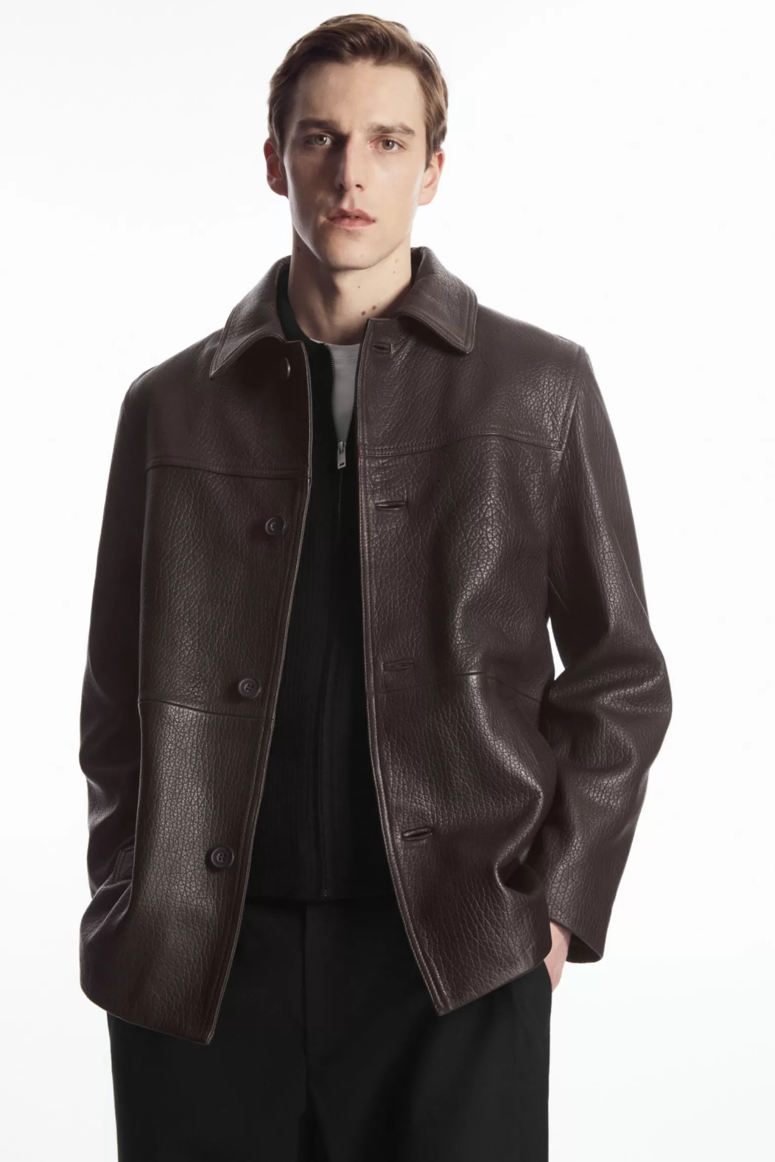 COS COLLARED GRAINED-LEATHER JACKET