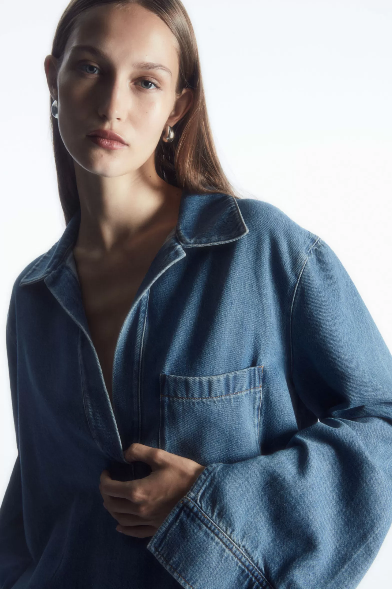 COS COLLARED V-NECK DENIM TOP