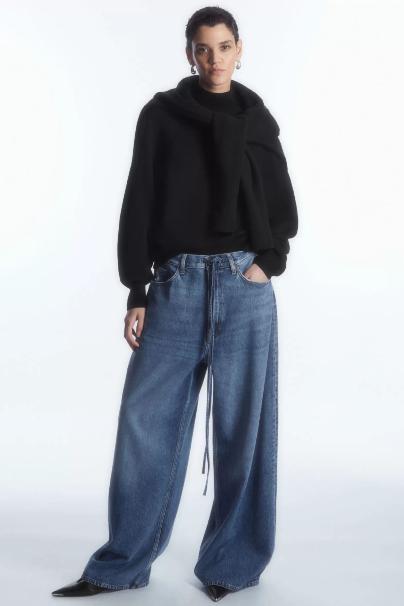 COS EXTRA WIDE LEG DRAWSTRING DENIM TROUSERS