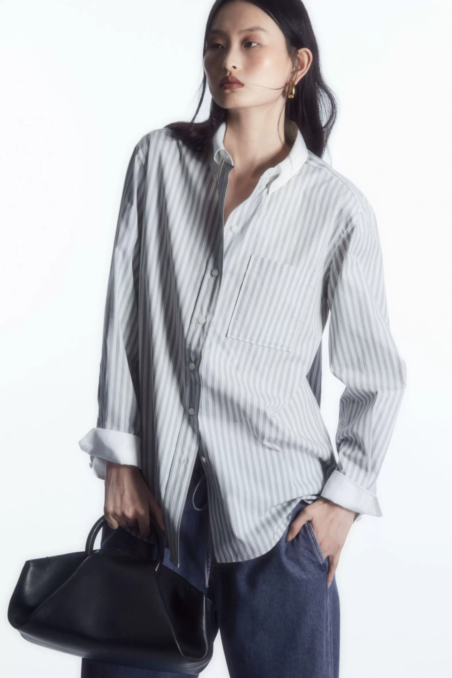 COS OVERSIZED CONTRAST-TRIM PINSTRIPED SHIRT