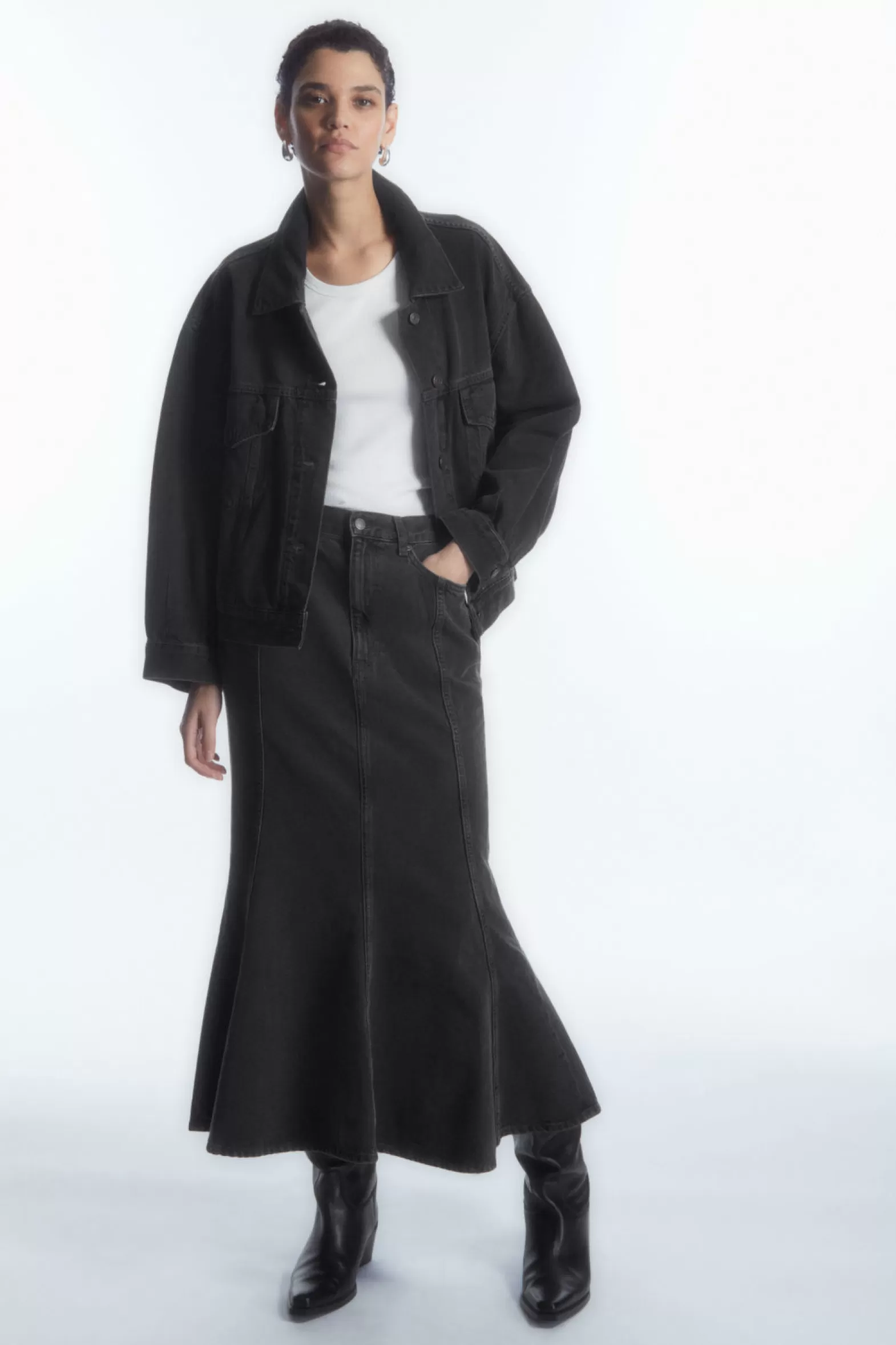 COS PANELLED FLARED DENIM SKIRT