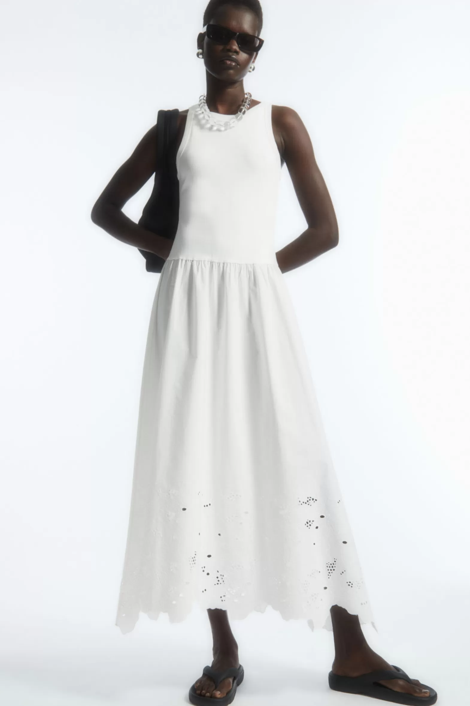 COS SLEEVELESS BRODERIE ANGLAISE MIDI DRESS