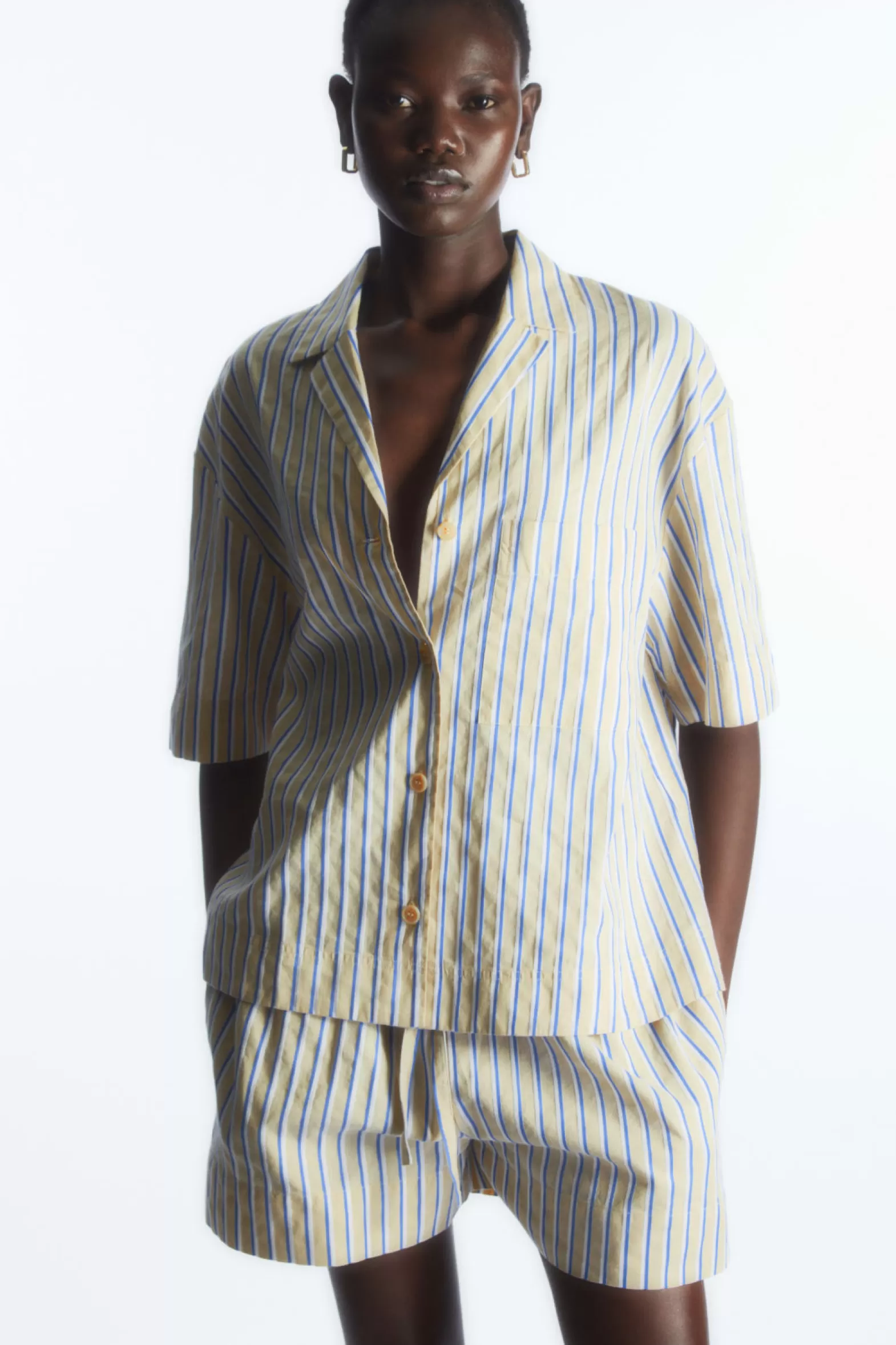 COS STRIPED LINEN-BLEND CAMP-COLLAR SHIRT