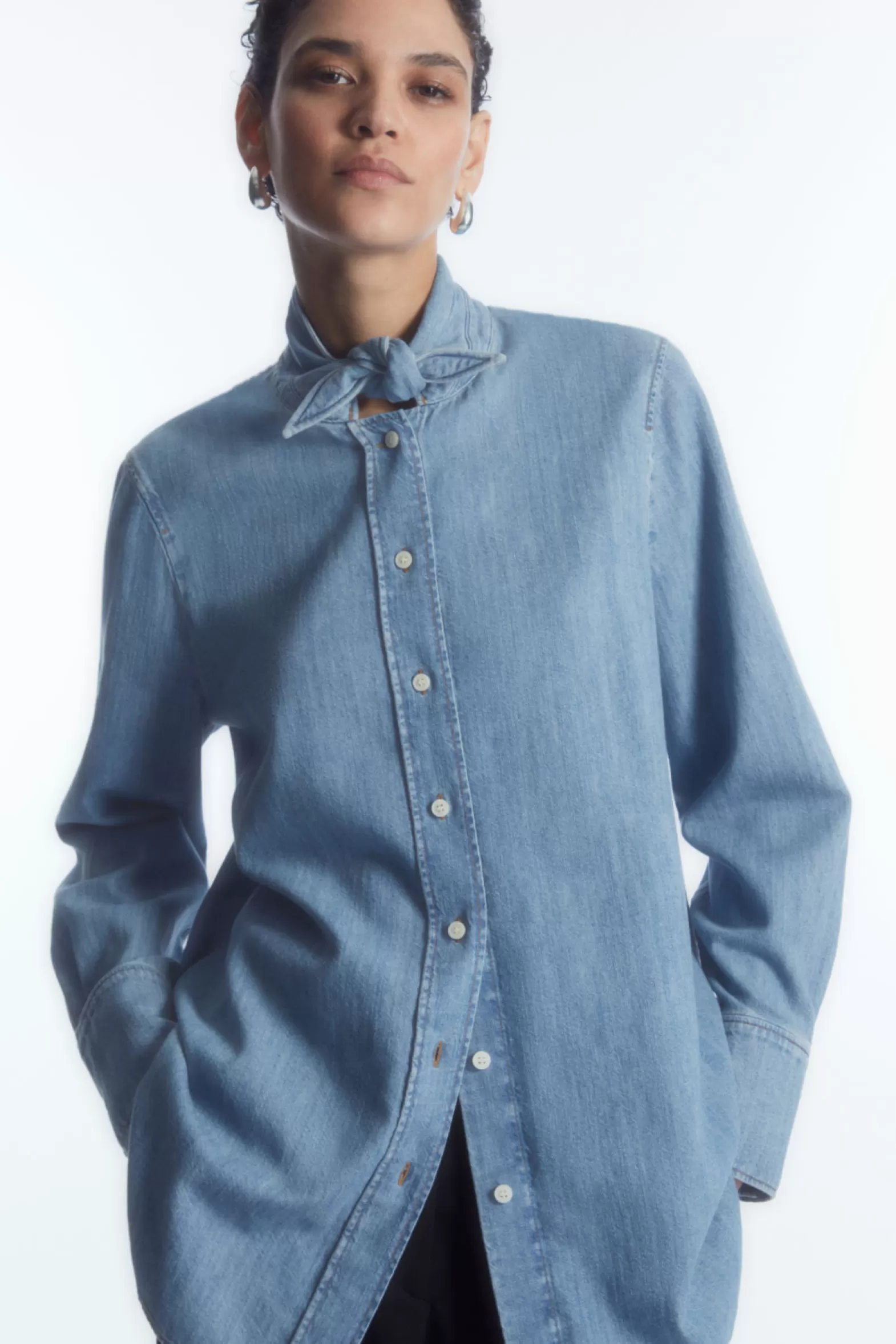 COS TIE-NECK DAGGER-COLLAR DENIM SHIRT