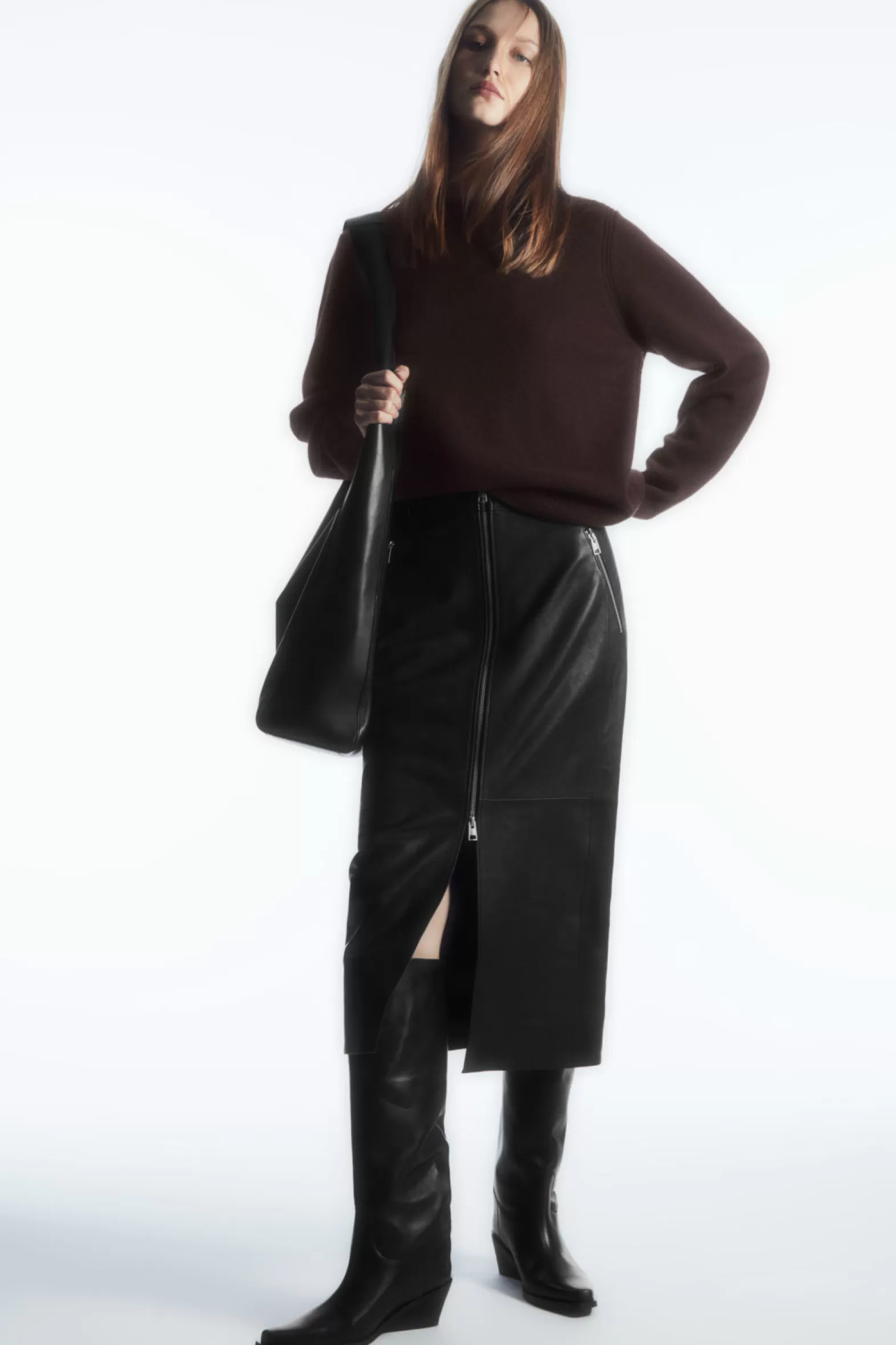 COS ZIP-UP LEATHER MIDI SKIRT